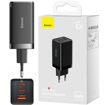 Сетевое зарядное устройство Baseus GaN5 Pro Fast Charger (CCGP120201), 65W, 1xUSB-A + 2xType-C, ( в комплекте - кабель Type-C - Type-C ), Black, фото № 1 - ukr-mobil.com