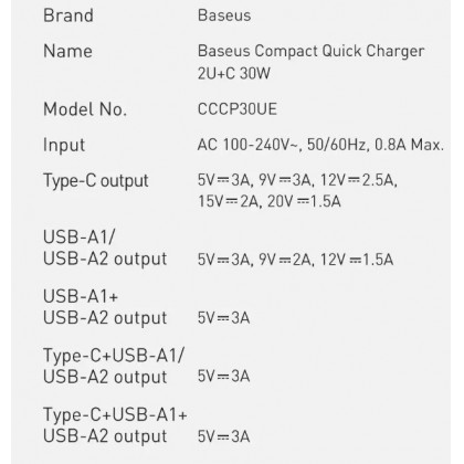 Сетевое зарядное устройство Baseus Fast Charger (CCXJ-E02), 30W, 2xUSB-A + 1xType-C, White, фото № 2 - ukr-mobil.com