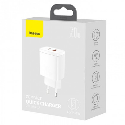 Сетевое зарядное устройство Baseus Compact Quick Charger (CCXJ-B02), 20W, 1xUSB-A + 1xType-C, White, фото № 3 - ukr-mobil.com