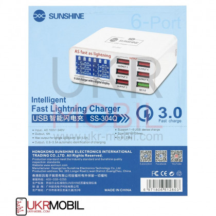 Зарядное устройство Sunshine SS-304Q, 6 USB портов, Fast Charger, 5A, 30W, индикатор тока заряда, защита от КЗ, фото № 3 - ukr-mobil.com