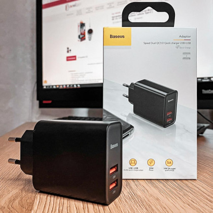 Сетевое зарядное устройство Baseus Speed Dual QC3.0 Quick charger (CCFS-E01), 30W, 2 USB, Black, фото № 2 - ukr-mobil.com